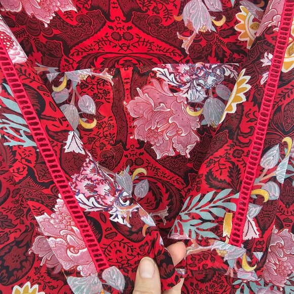 Guess Elysian Wrap Maxi Dress 6 Red Floral Boho Chiffon Layered Slit Lace Inset - Picture 16 of 16